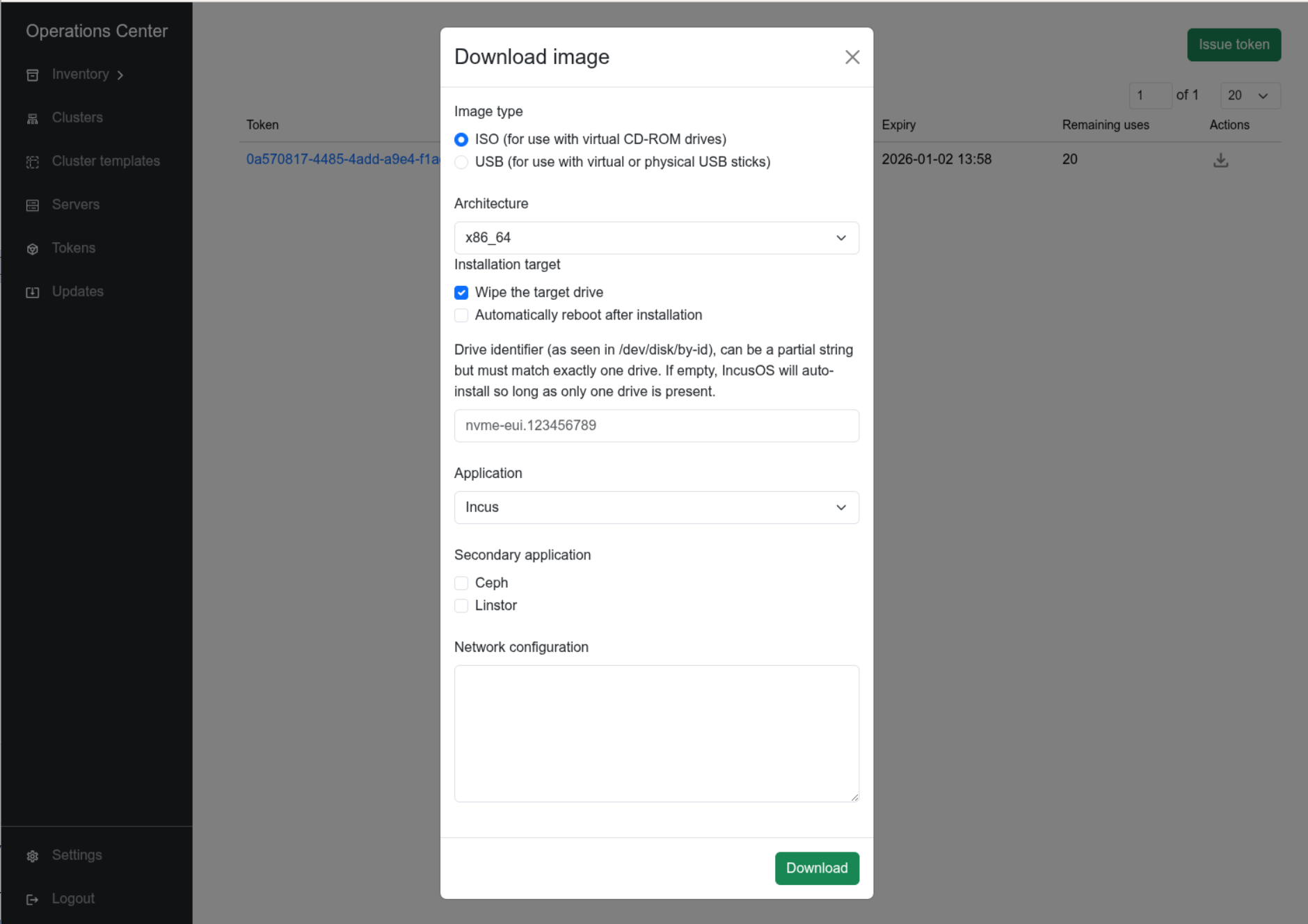 Operations Center UI - Download ISO